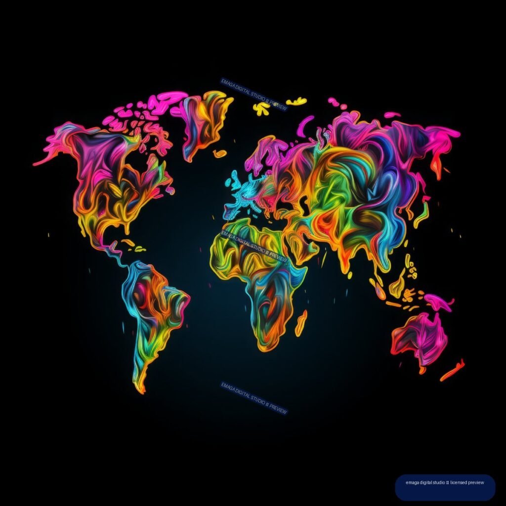 Vivid multicolored graffiti-style world map on a dark background, with flowing neon strokes outlining the continents.