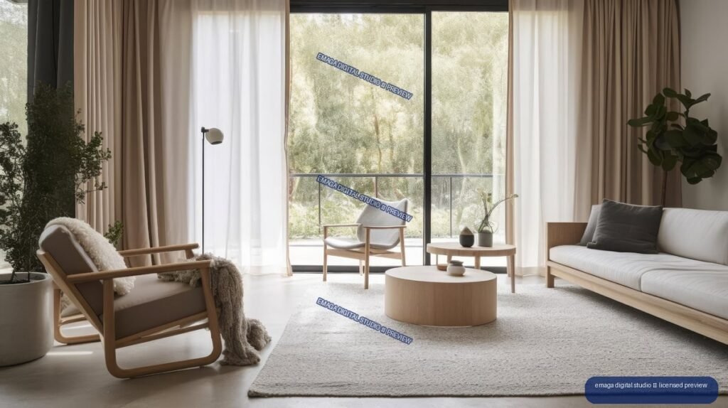 Bright minimalist living room with light wood furniture, neutral upholstery, plants, curtains, and large windows overlooking trees.