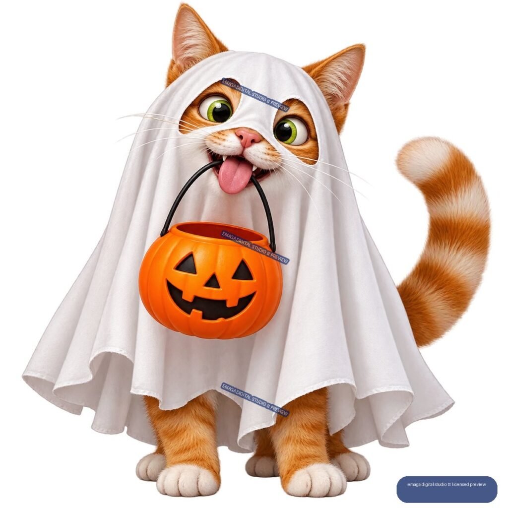 Humorous orange-and-white cat wearing a white ghost costume and holding an orange jack-o'-lantern bucket.