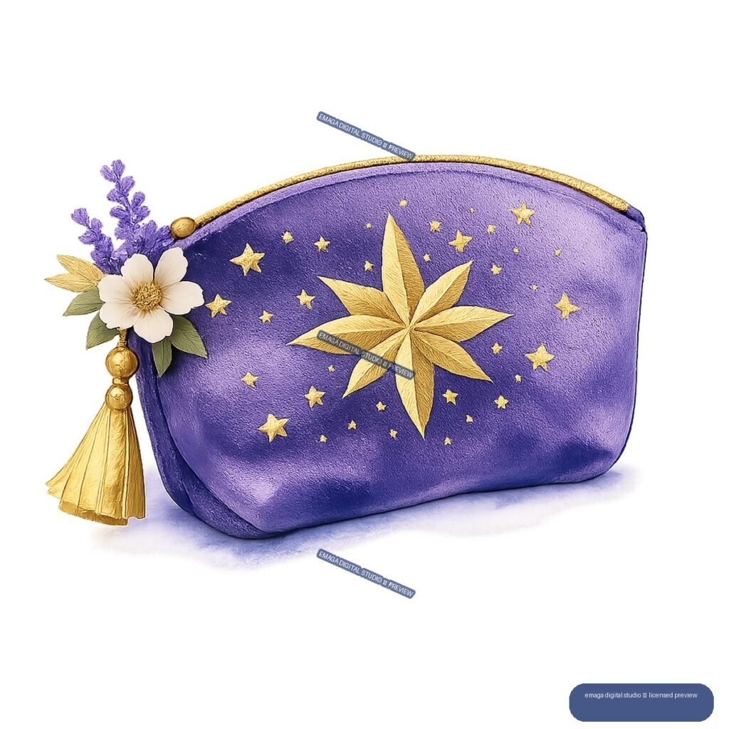 Purple cosmetic pouch with golden stars, floral decoration, lavender sprigs, and a gold tassel.