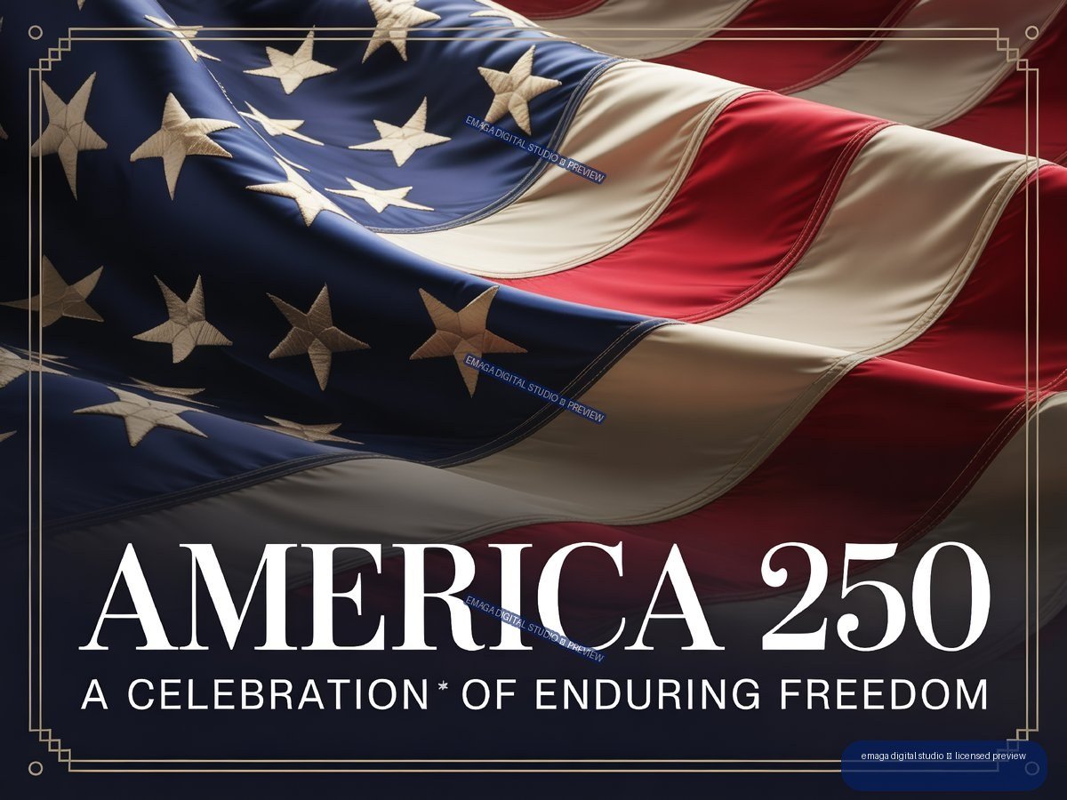 Commemorative poster with a draped American flag, gold decorative border, and text reading “AMERICA 250” and “A CELEBRATION OF ENDURING FREEDOM.”