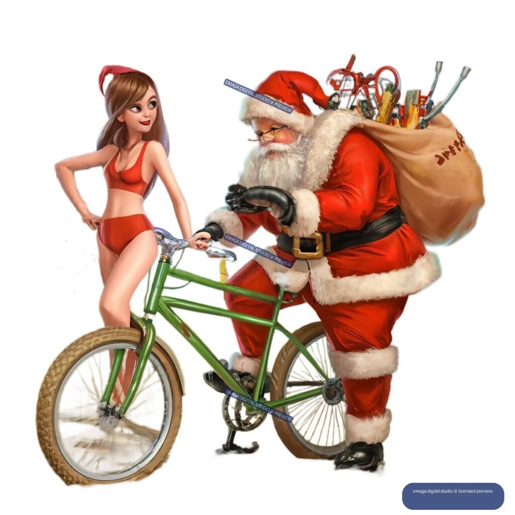 Illustration of Santa Claus with a sack of tools beside a smiling woman in a red outfit and Santa hat, next to a green bicycle.