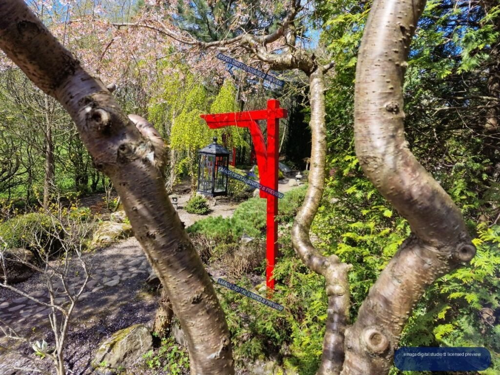 Red Torii-Style Garden Gate Framed by Trees and Lantern — Hortulus Gardens, Dobrzyca