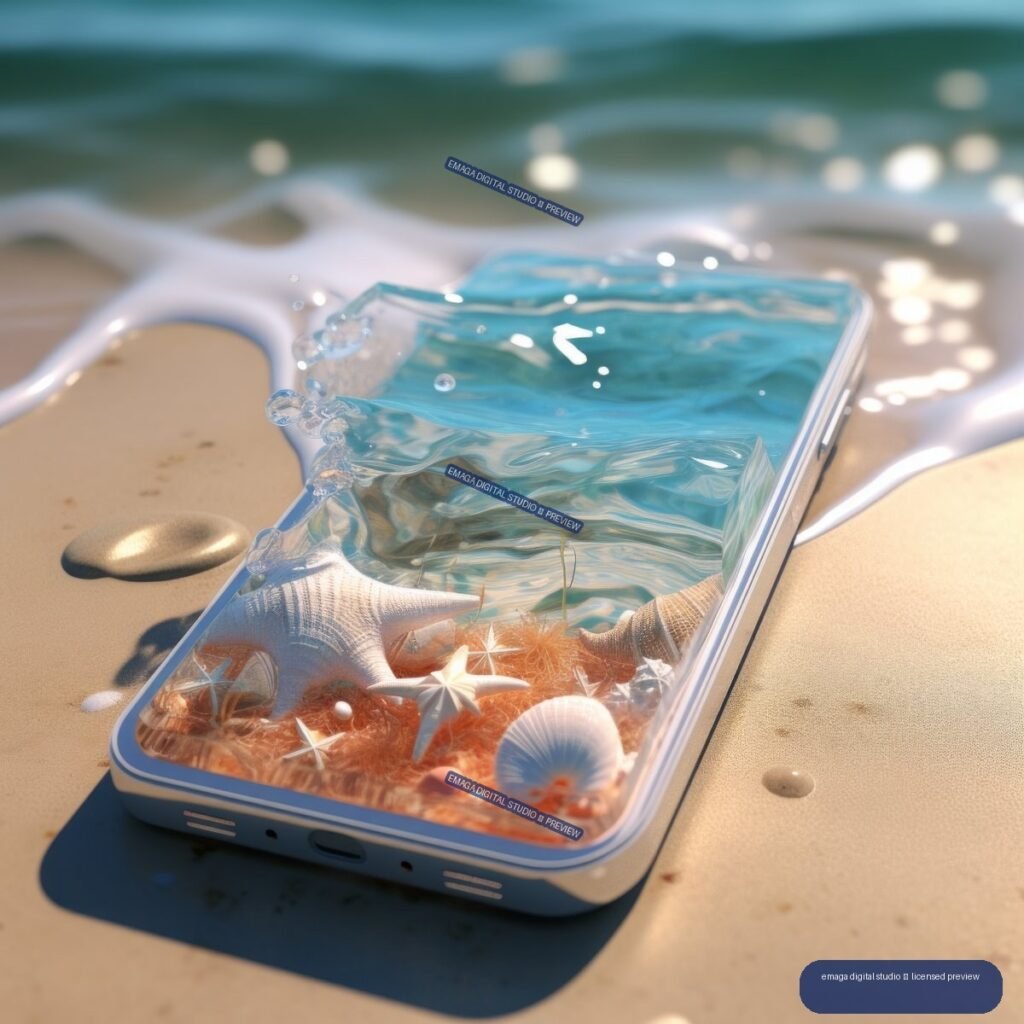 Angled 3D render of a mobile phone on wet sand, filled with turquoise water, shells, starfish, and small flowers.