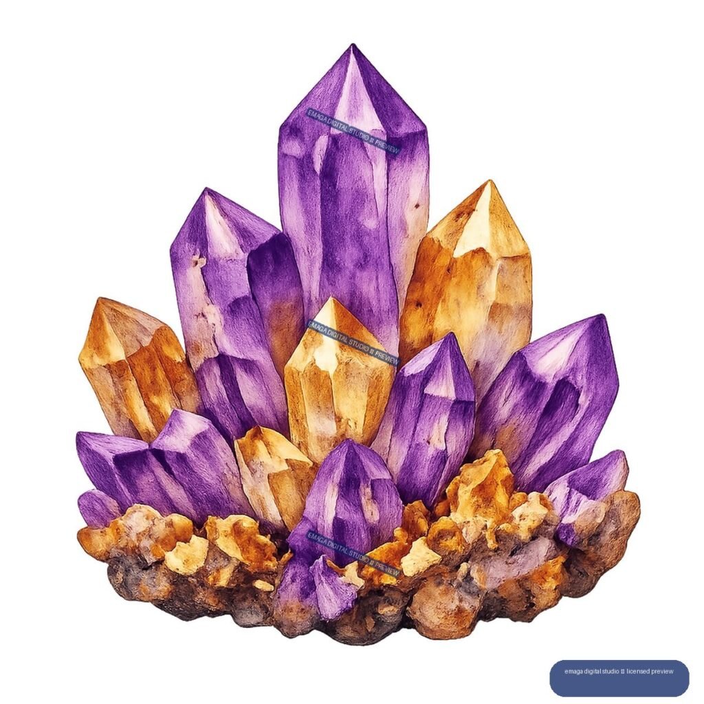 Cluster of purple and amber faceted crystals rising from a rough rocky base, isolated against preview white.