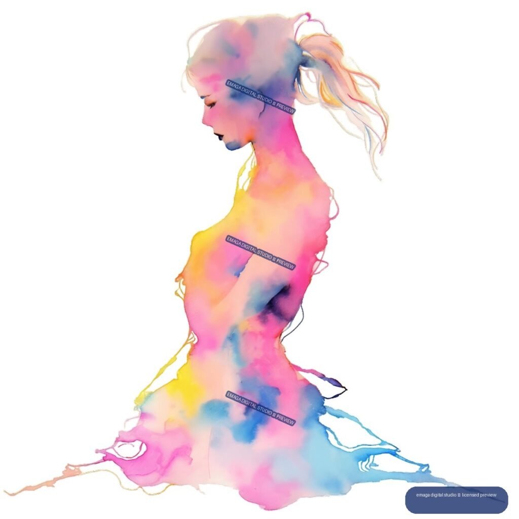 Colorful watercolor-style seated nude woman in left-facing profile with a ponytail, surrounded by flowing pink, blue, yellow, and violet washes.