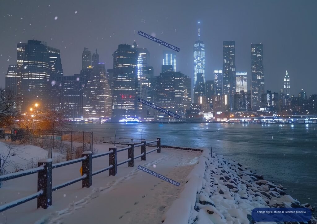 Snow-covered waterfront path overlooking the illuminated Lower Manhattan skyline at night, with One World Trade Center and falling snow.