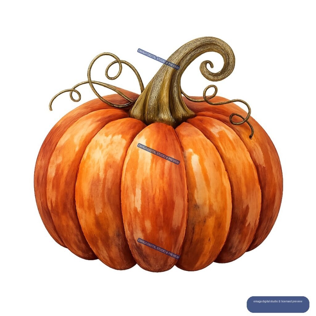 Orange ribbed pumpkin with a tall curled brown stem and looping tendrils, isolated.