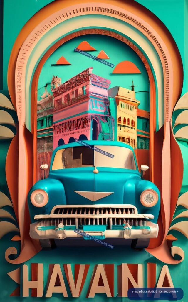 Stylized Havana travel poster with a turquoise vintage car, colorful buildings, ornate arch, and HAVANA lettering.