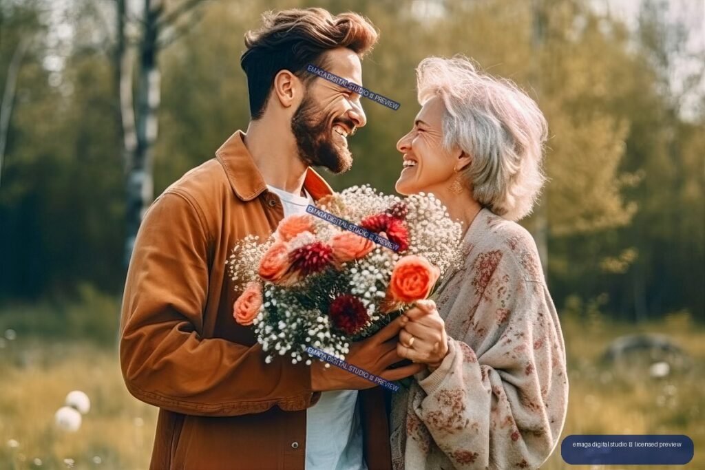 Smiling adult man holding a large flower bouquet with an older woman in a sunlit wooded meadow.