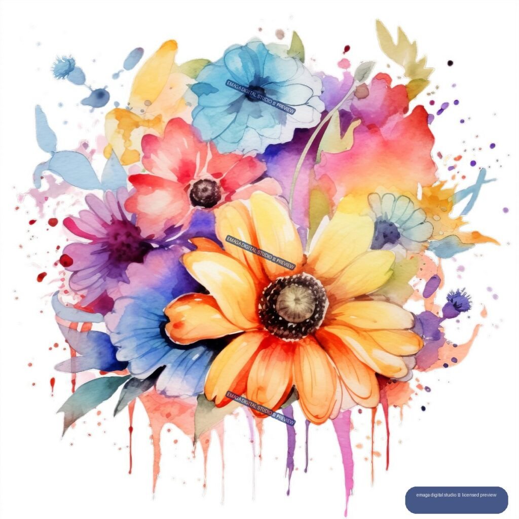 Colorful watercolor bouquet of blue, coral, purple, orange, yellow, and pink flowers with leaves, splashes, and dripping paint.