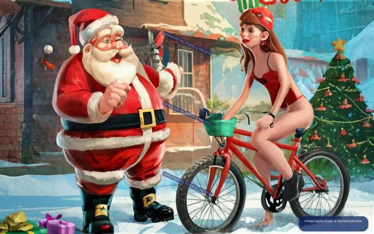 Santa Claus and Woman on a Bicycle by a Christmas Tree - No. 000265