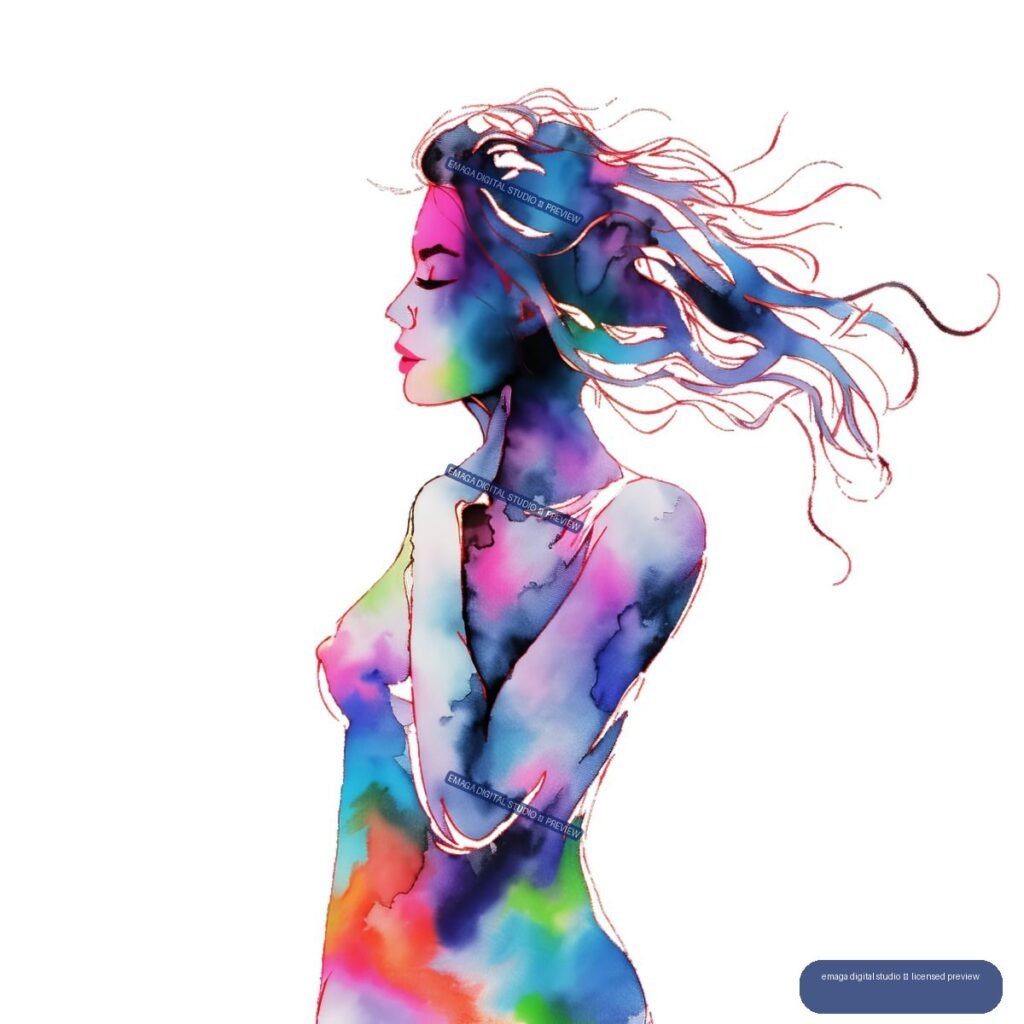 Colorful watercolor portrait of a woman in profile with long flowing hair, isolated on transparency.