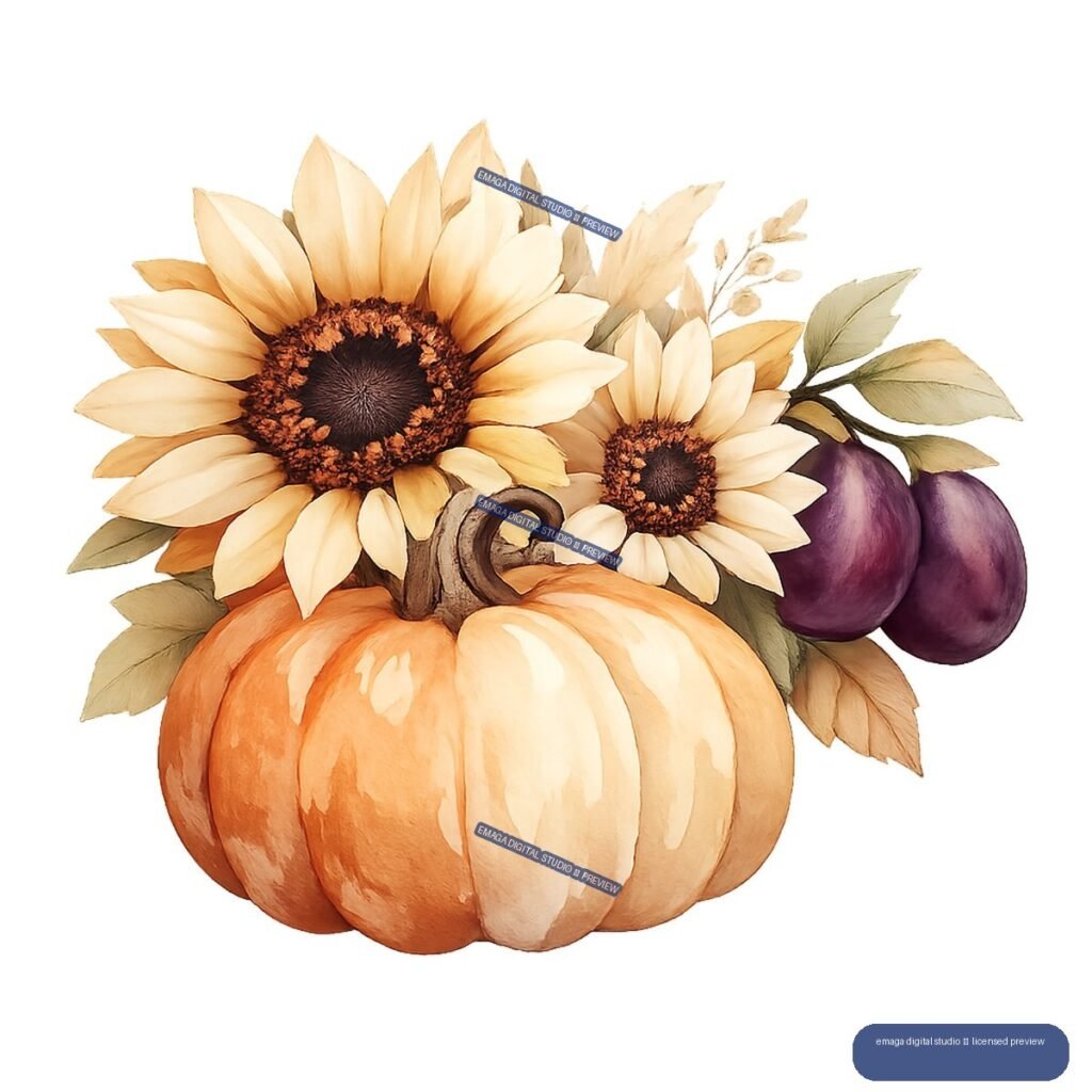 Watercolor illustration of an orange pumpkin with two sunflowers, green leaves, autumn foliage, and purple fruits.
