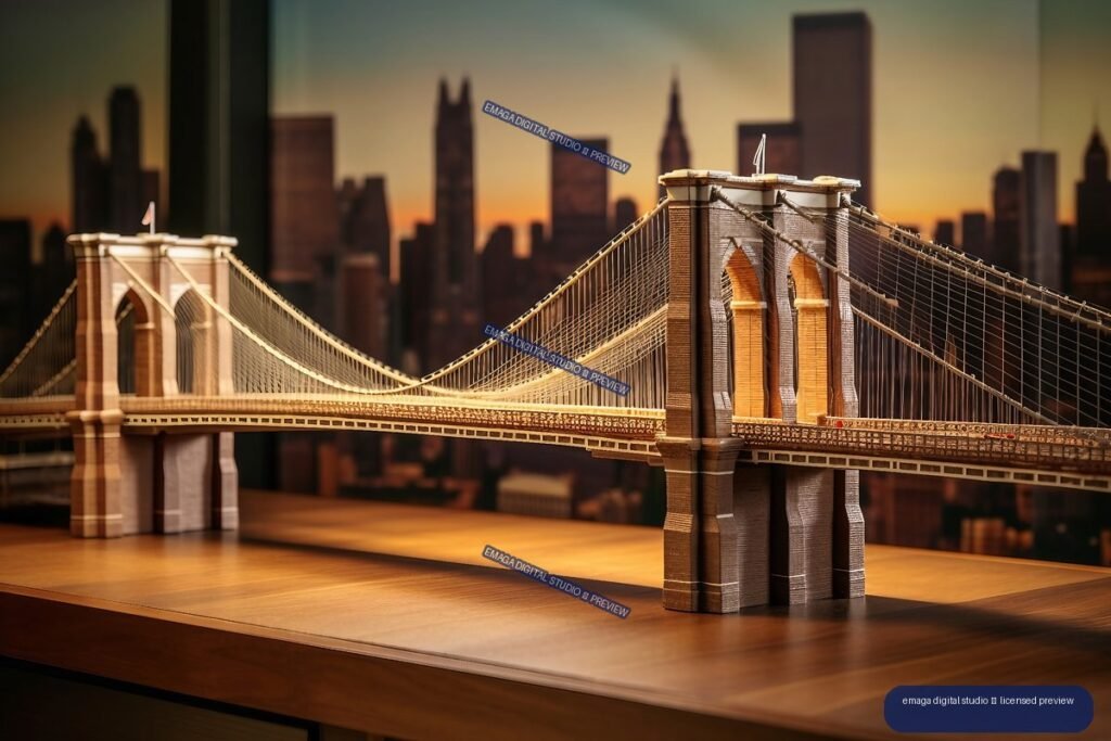 Detailed miniature Brooklyn Bridge model on a wooden tabletop with a blurred New York City skyline at sunset.