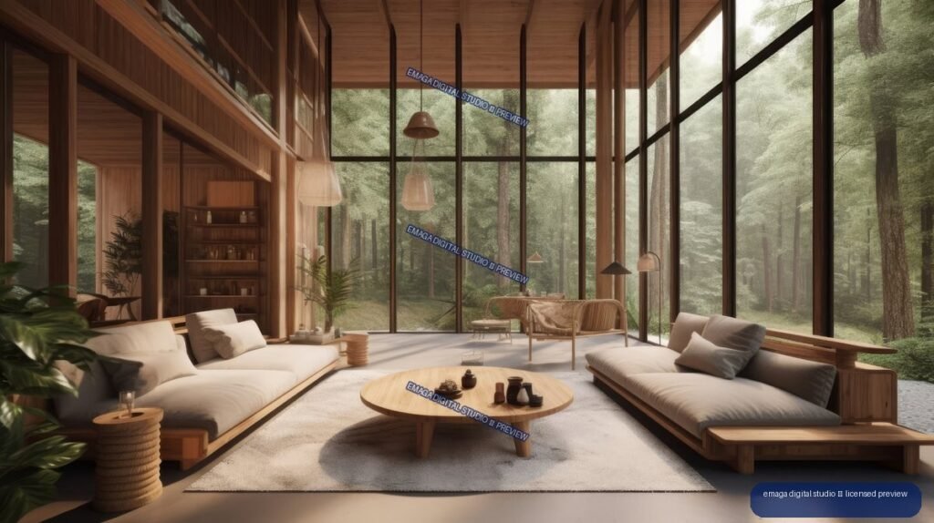 Minimalist wood-paneled living room with sofas, round coffee table, and forest views through tall windows.