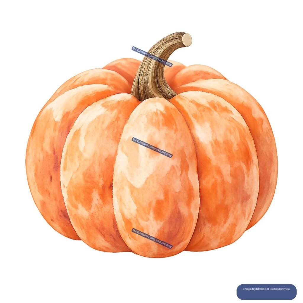 Watercolor illustration of an orange ridged pumpkin with a tall curved brown stem.
