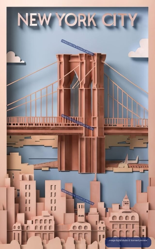 Stylized terracotta Brooklyn Bridge spanning a simplified New York City skyline beneath large NEW YORK CITY lettering on a blue sky.
