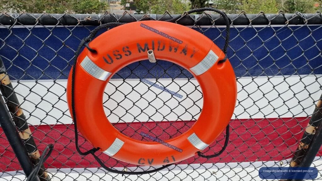 Orange USS Midway Lifebuoy on Deck in San Diego, USA