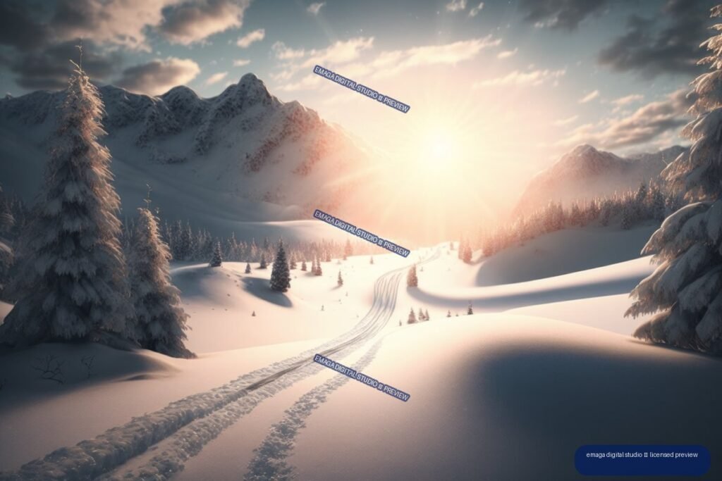 Snowy mountain valley at sunrise with evergreen trees and ski tracks leading into the distance.