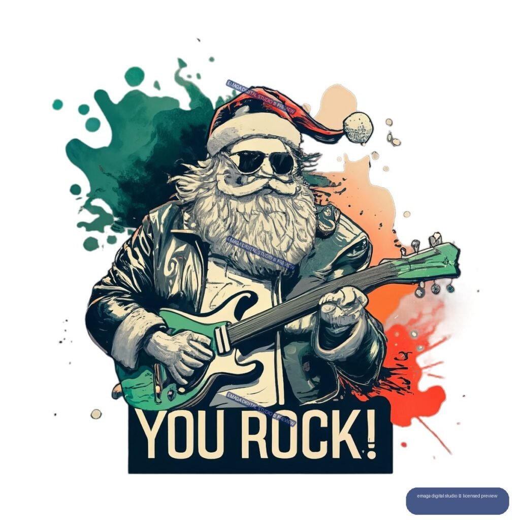 Illustrated Santa Claus wearing sunglasses and playing a green electric guitar, with colorful paint splashes and YOU ROCK lettering.