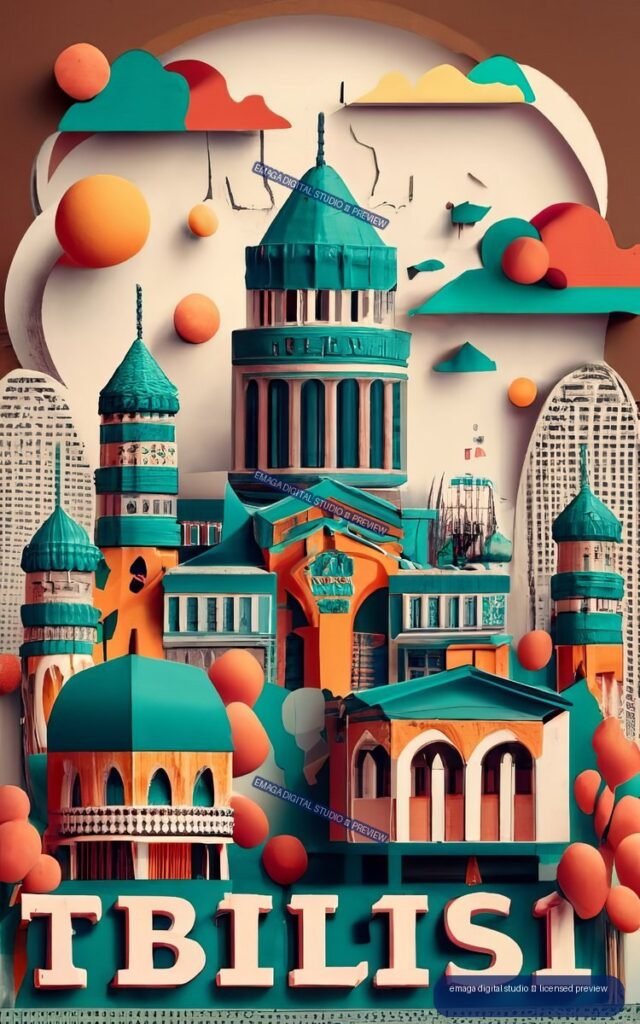 Colorful stylized Tbilisi cityscape poster with domed buildings, towers, arched façades, floating spheres, and large TBILISI lettering.