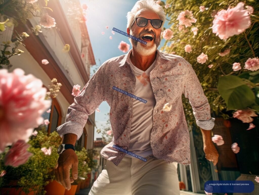 Smiling older bearded man in sunglasses moving through a sunny garden surrounded by pink flowers.