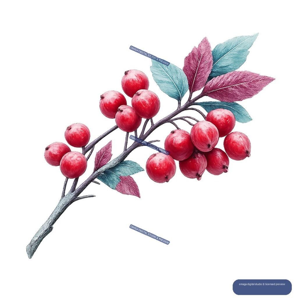 Diagonal branch with clusters of red berries and teal-blue and burgundy leaves, isolated on transparency.