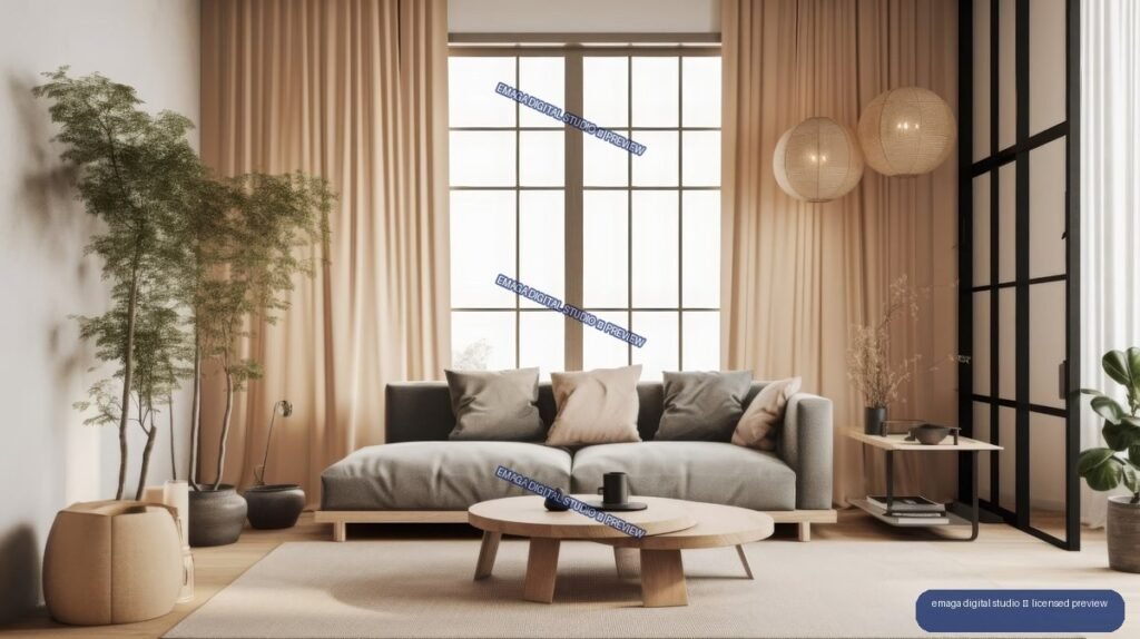 Minimalist Japandi living room with gray sofa, wooden tables, beige curtains, plants, and woven pendant lights.
