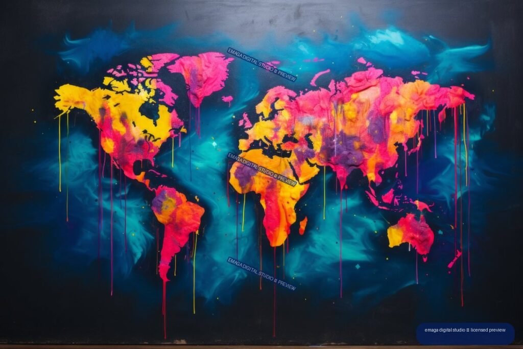 Vivid neon graffiti-style world map with pink, orange, yellow, and red continents on a dark blue background, surrounded by turquoise wisps and dripping paint.