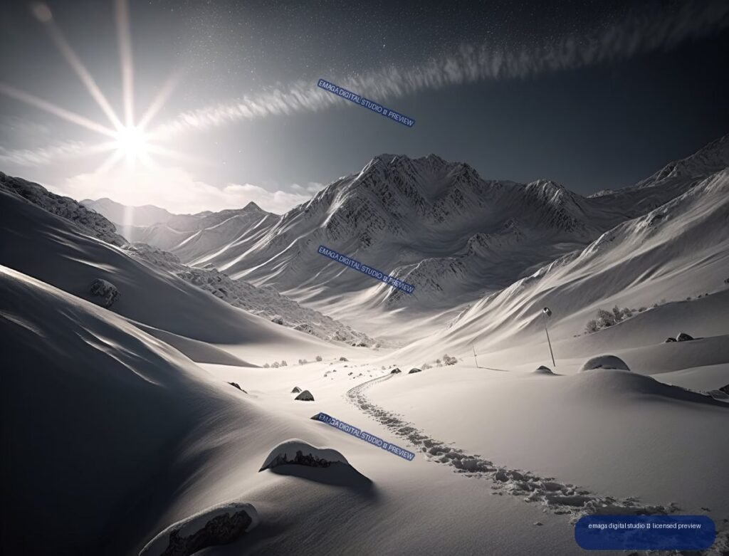 Snow-covered mountain valley with a winding trail, rugged peaks, and bright low sunlight.