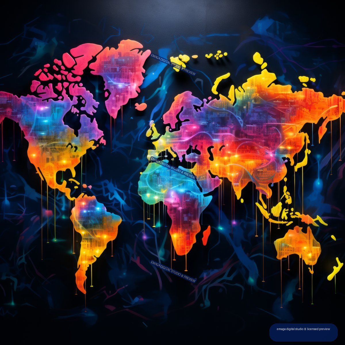 Vivid neon graffiti-style world map with multicolored continents and urban textures on a dark blue-black background.