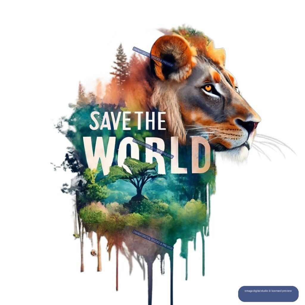 Conservation illustration with a lion, ram, forest landscape, tree, and the words “SAVE THE WORLD” in large white lettering.