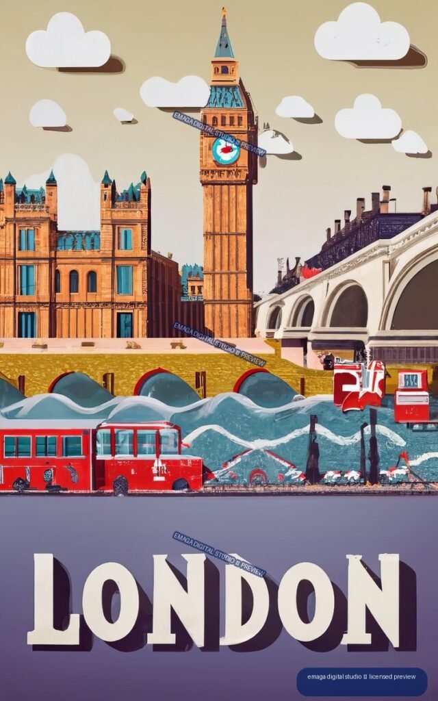 Stylized London poster showing Big Ben, red buses, a bridge, waves, clouds, and large LONDON lettering.