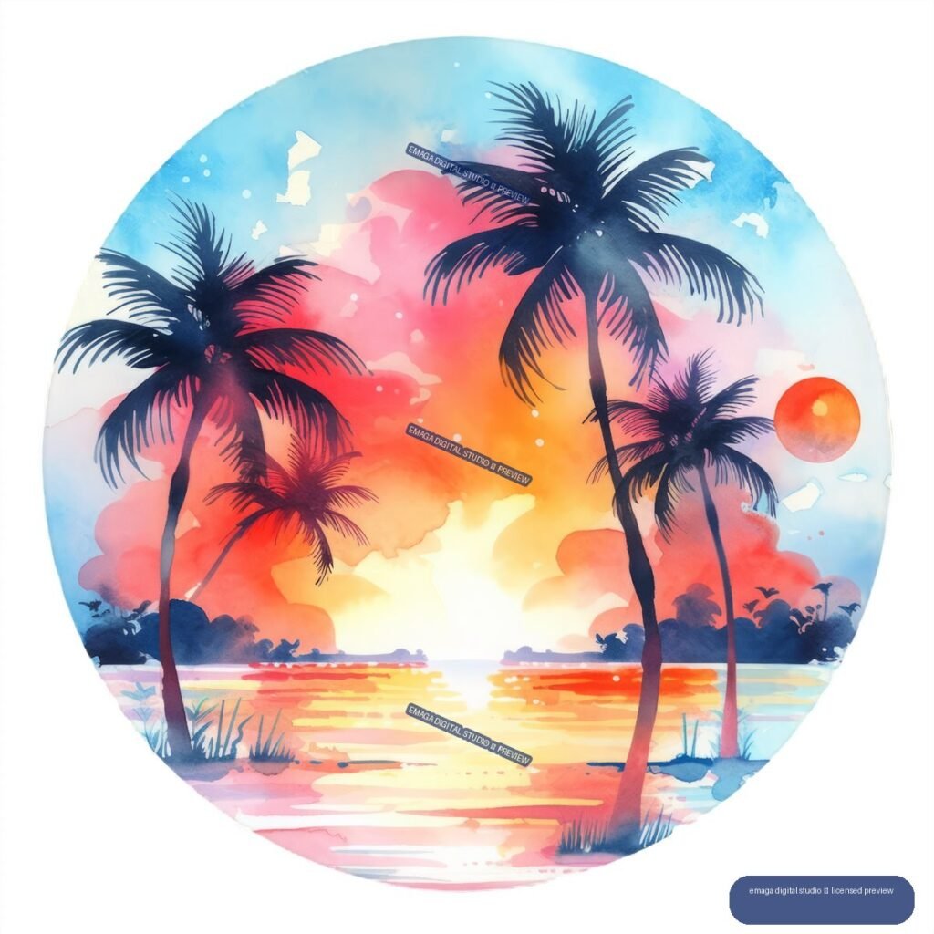 Circular watercolor-style tropical sunset with palm trees, ocean reflections, colorful clouds, and an orange sun.