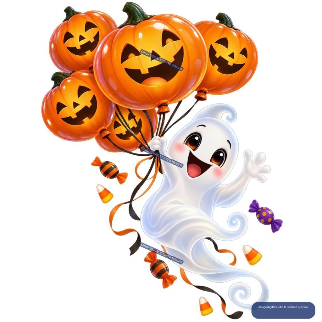 Cheerful cartoon ghost floating beside jack-o'-lantern balloons, candy, and candy corn.