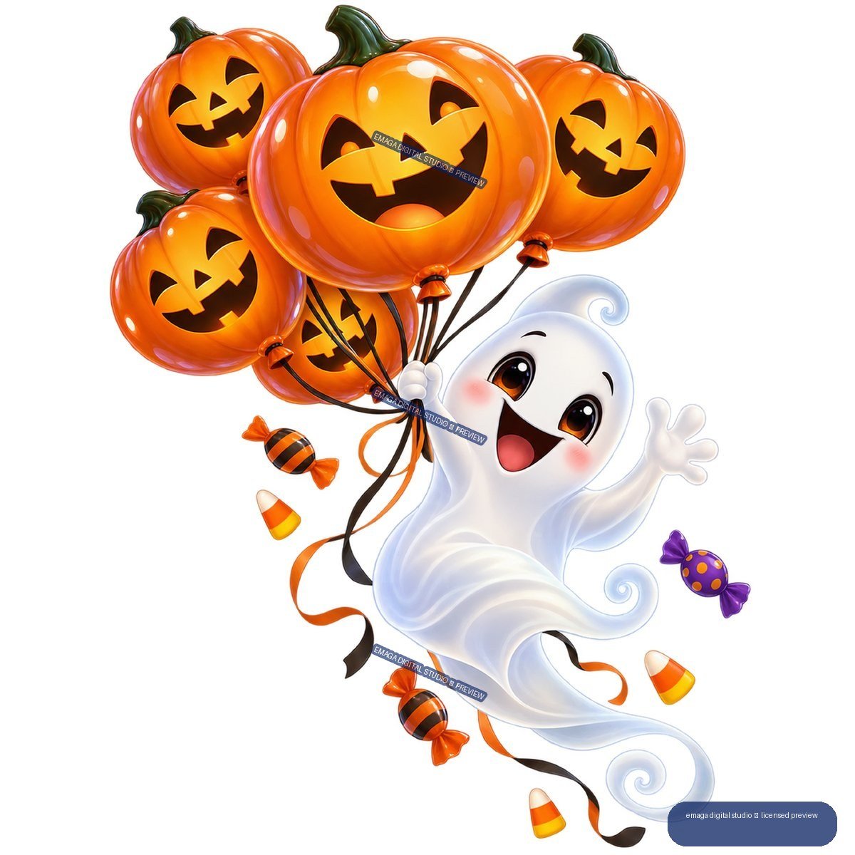 Cheerful cartoon ghost floating beside jack-o'-lantern balloons, candy, and candy corn.