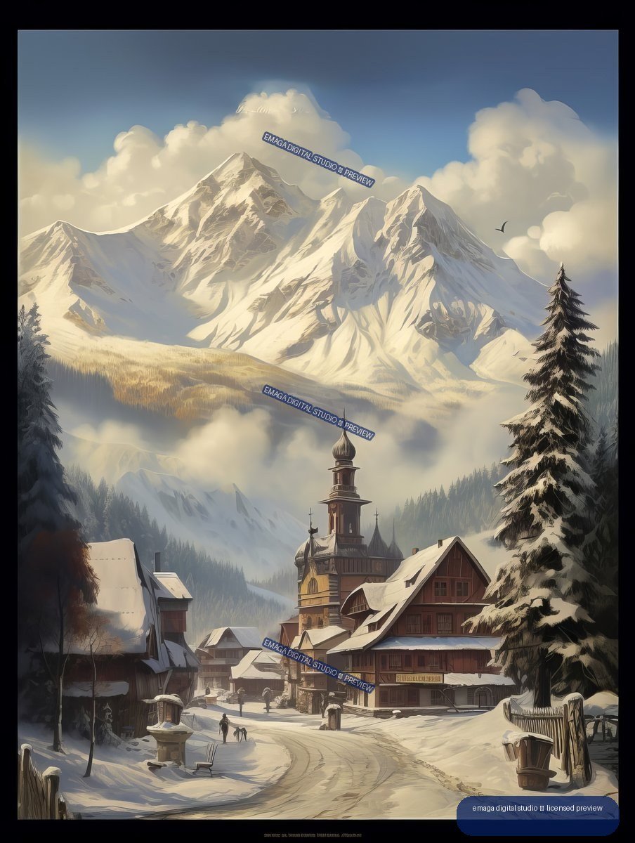 Travel-poster illustration of a snowy mountain village with timber buildings, a church tower, evergreen trees, and towering alpine peaks.