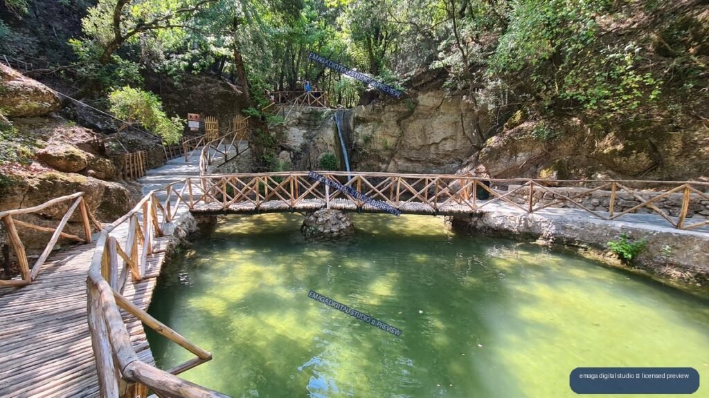 Wooden Bridges and Green Pool at Butterflies Natural Valley, Rhodes, Greece