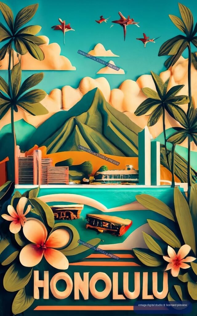 Retro tropical Honolulu poster with a volcanic mountain, ocean, palm trees, flowers, birds, harbor structures, and large HONOLULU lettering.