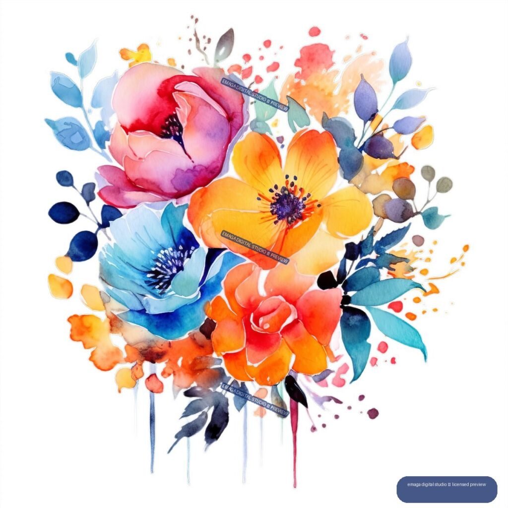 Vibrant watercolor bouquet with pink, orange, blue, and coral flowers, colorful leaves, berries, splatters, and paint drips.