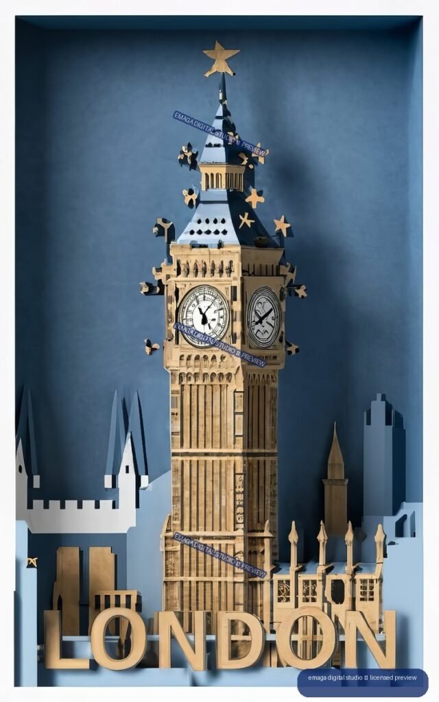 Stylized paper-cut travel poster of Big Ben in London against a deep blue background, with gold stars and large LONDON lettering.