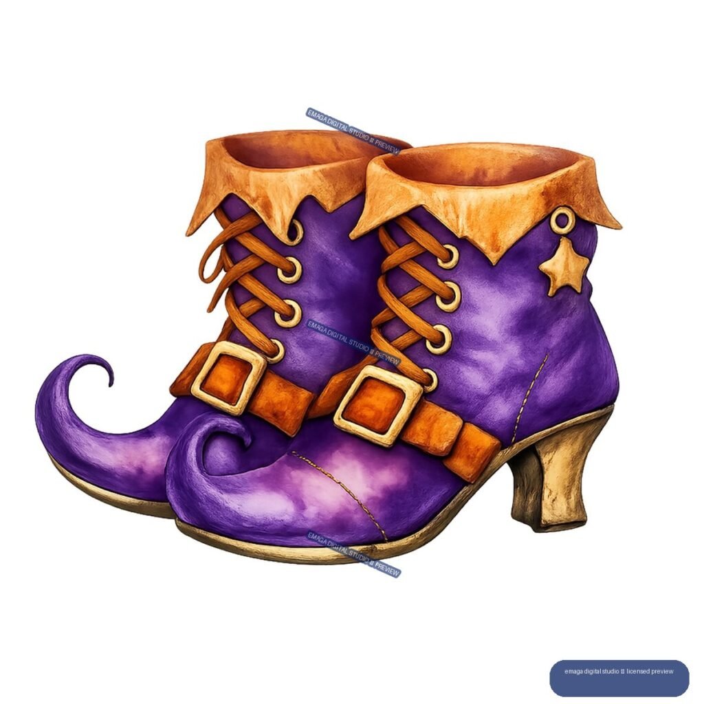 Pair of purple pointed witch boots with curled toes, orange laces and buckles, gold trim, and a star charm.