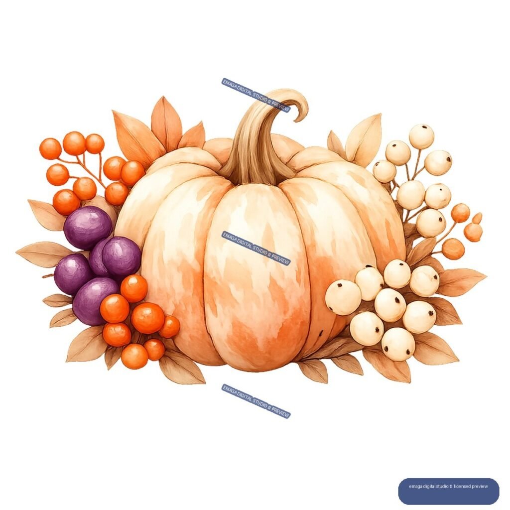 Watercolor illustration of a pale orange pumpkin surrounded by orange, purple, and cream berries and autumn leaves.
