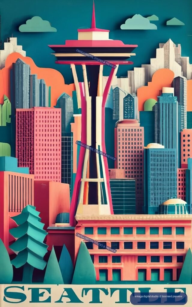 Stylized colorful Seattle travel poster with the Space Needle centered among skyscrapers, evergreen trees, clouds, and large SEATTLE lettering at the bottom.