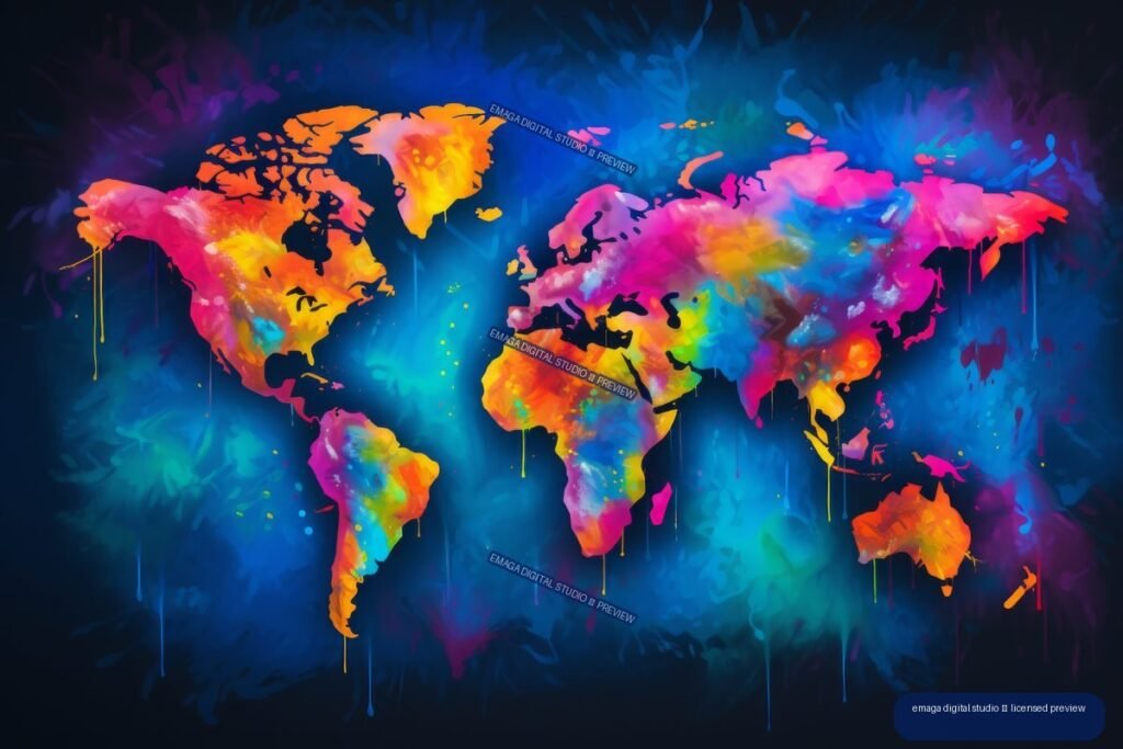 Vivid neon graffiti-style world map with multicolored continents on a dark blue and violet background.