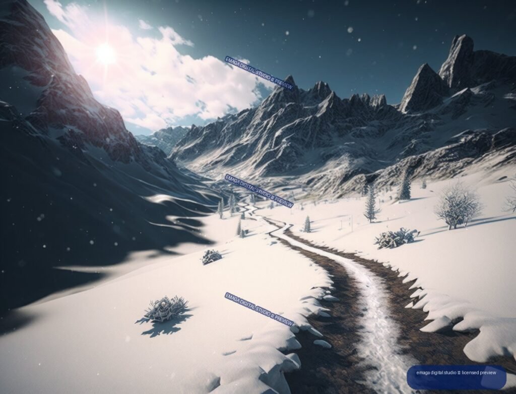 Snowy mountain valley with jagged peaks, scattered trees, a winding track, falling snow, and sunlight through clouds.