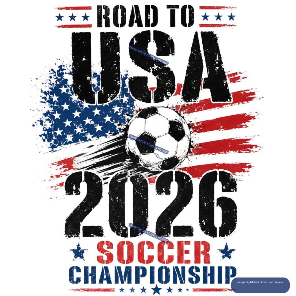 Distressed soccer championship graphic reading “ROAD TO USA 2026” and “SOCCER CHAMPIONSHIP,” with a soccer ball, stars, and red-white-blue brush strokes.