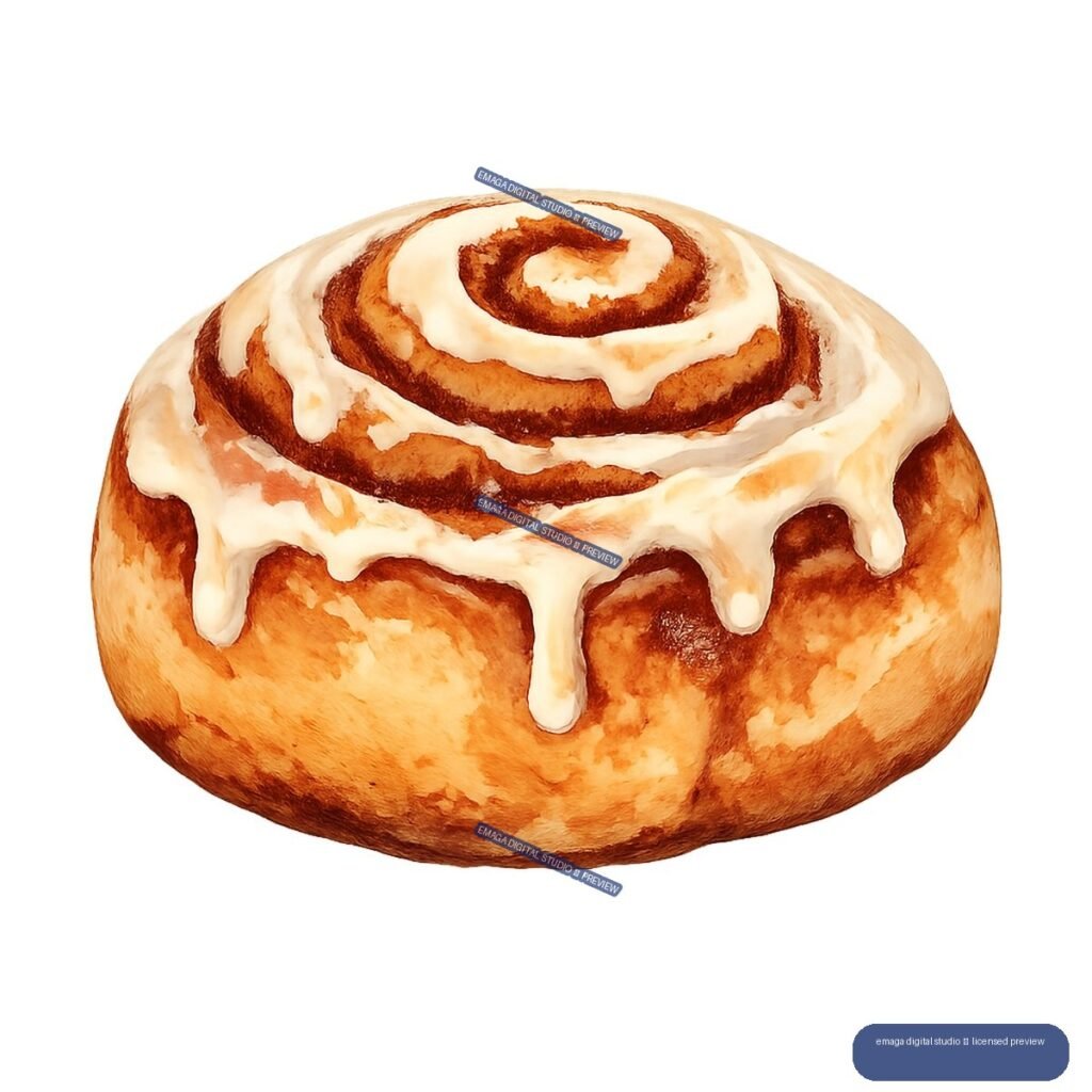 Watercolor illustration of a large iced cinnamon roll with a visible spiral and dripping white glaze.