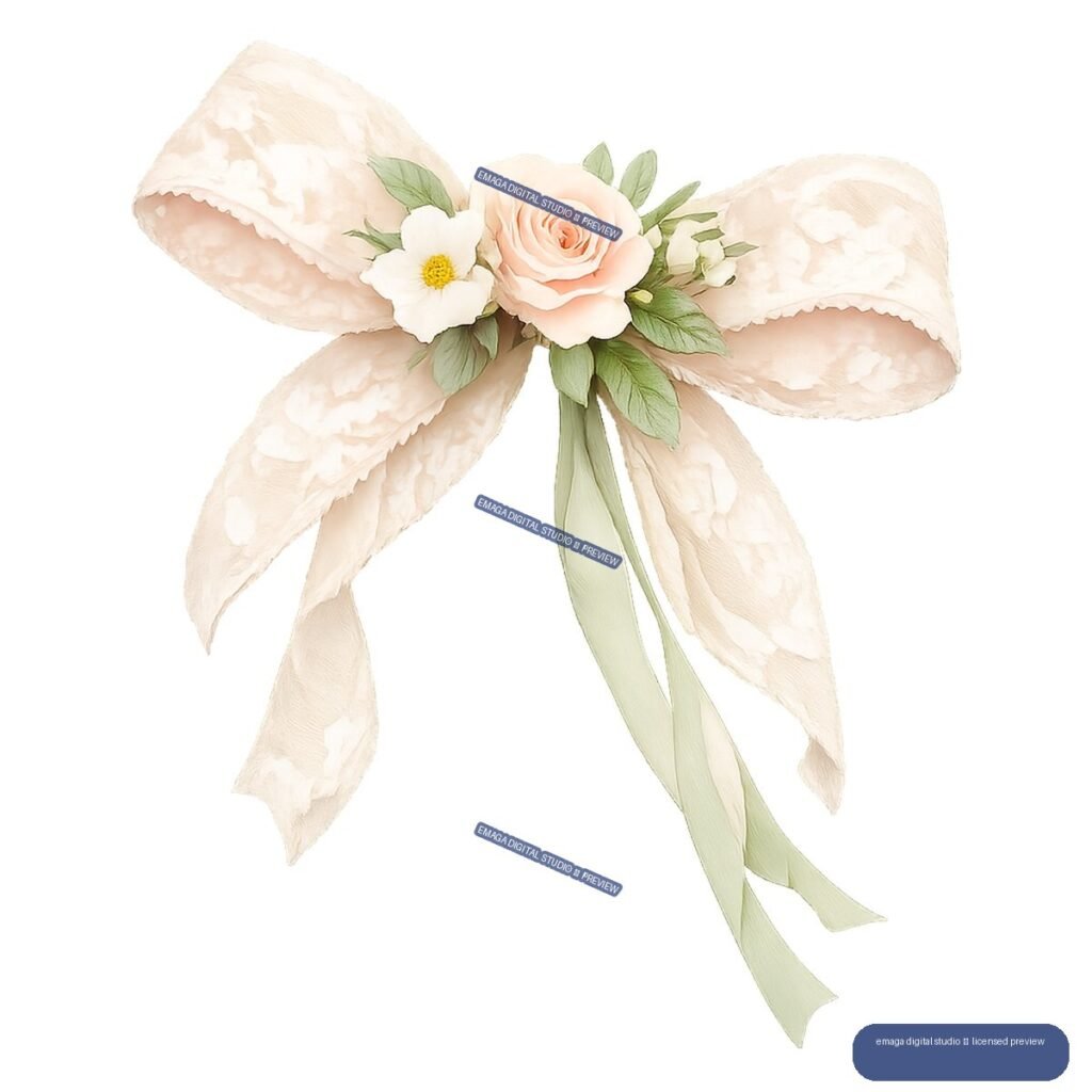 Watercolor cream bow with a peach rose, white flower, green leaves, and trailing ribbon tails.